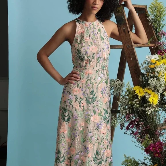 Maggy London Women's Floral Embroidered Halter Midi Dress with Back V-Neck - Picture 5 of 12